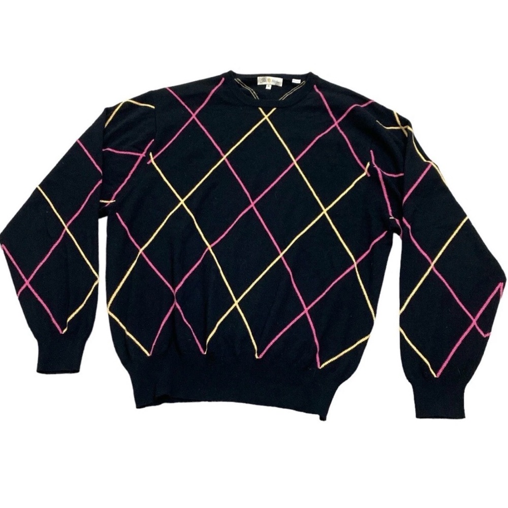 Peter Millar Cashmere Black and Pink Argyle Crewneck Sweater - Picture 2 of 6